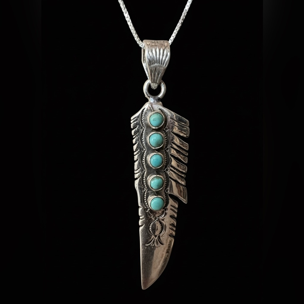 Sterling Silver native Feather Pendant Necklace with genuine‎ Turquoise Accents - Picture 2 of 9
